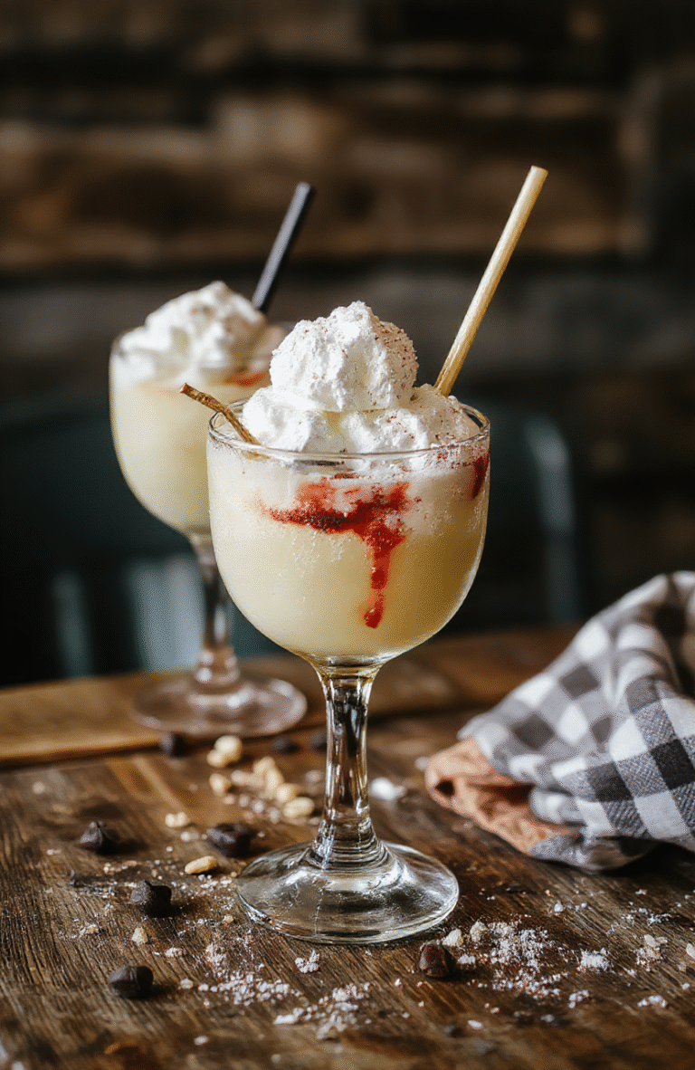 A vibrant red and white layered cocktail in a clear glass garnished with a miniature snowman made of whipped cream and holiday sprinkles, surrounded by twinkling fairy lights and holiday-themed decorations, with a rustic wooden background emphasizing warmth and cheer.