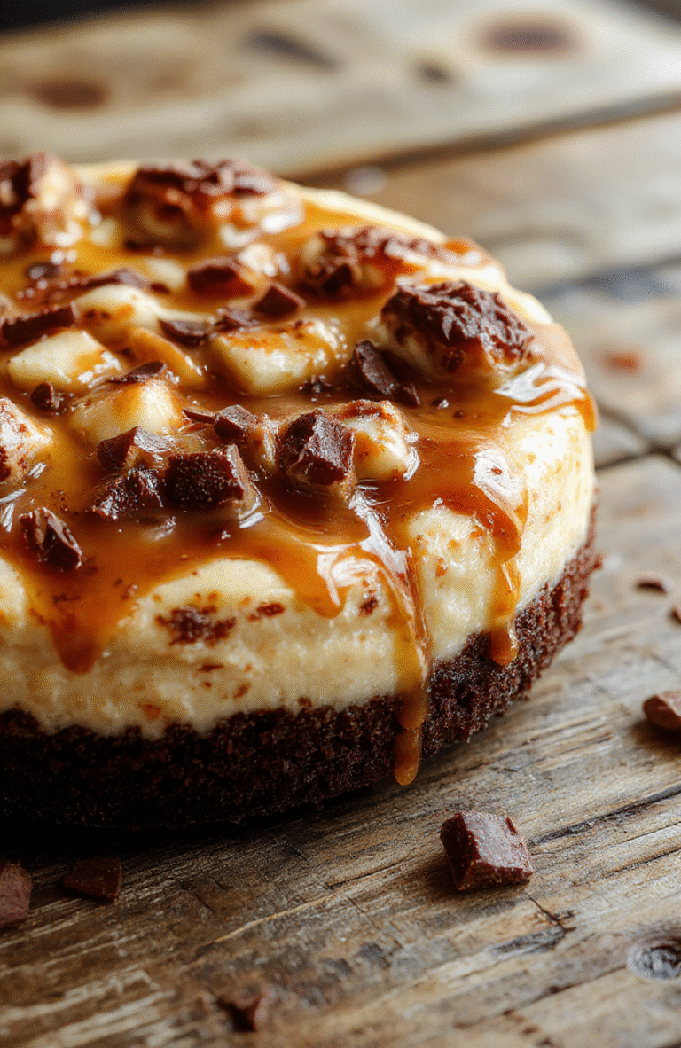 A luscious slice of turtle cheesecake sits on a white plate, topped with glossy caramel drizzles and chunks of chocolate and pecans. The cheesecake's creamy texture is visible, with a graham cracker crust at the base. The vibrant caramel and dark chocolate contrast beautifully with the light-colored filling, styled on a rustic wooden surface with soft natural daylight highlighting the rich toppings.