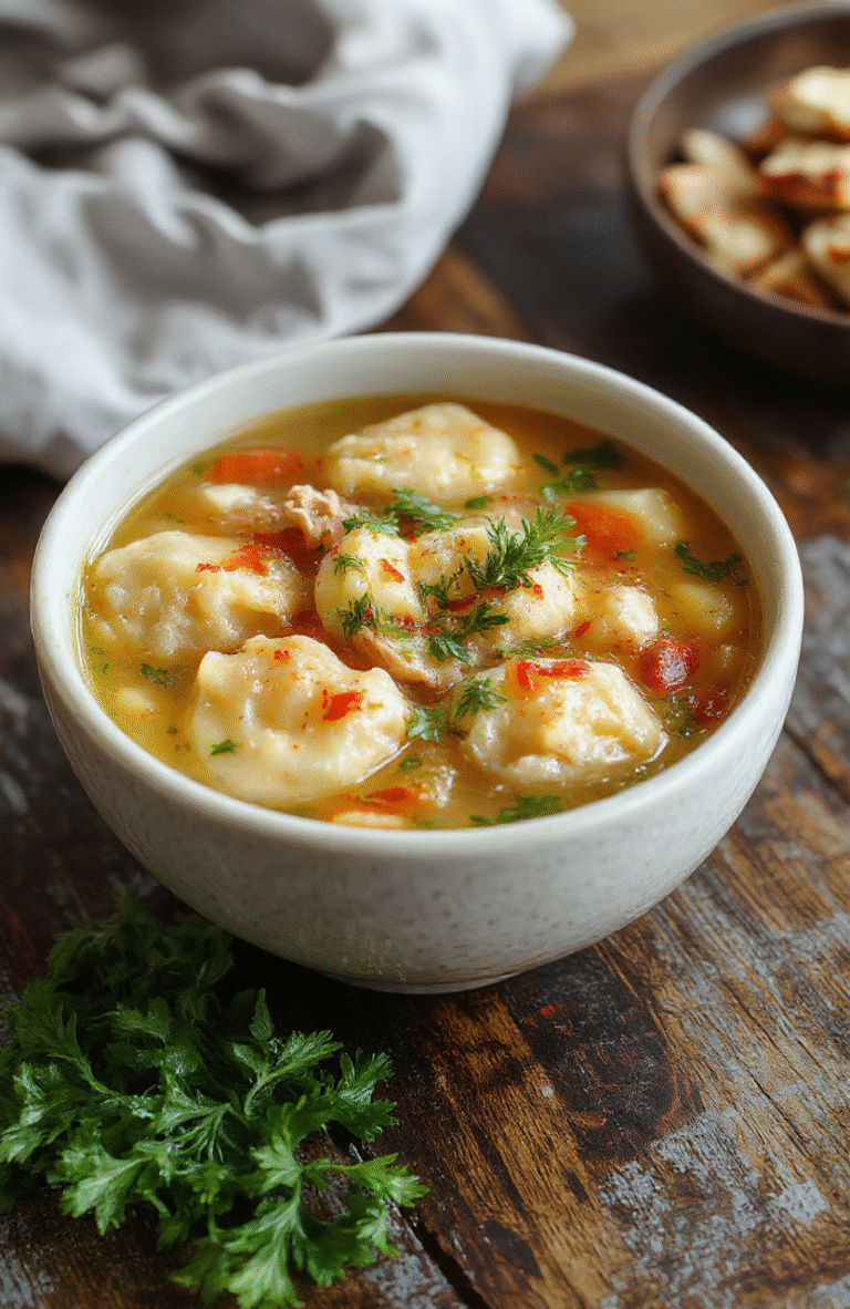 A vibrant bowl of chicken dumpling soup featuring fluffy dumplings, shredded chicken, and fresh herbs in a clear, flavorful broth. The soup is garnished with chopped green onions and a sprig of parsley, plated on a rustic wooden table with a warm, inviting atmosphere. Bright colors and textures highlight the tender dumplings and juicy chicken, creating an appetizing and comforting scene.