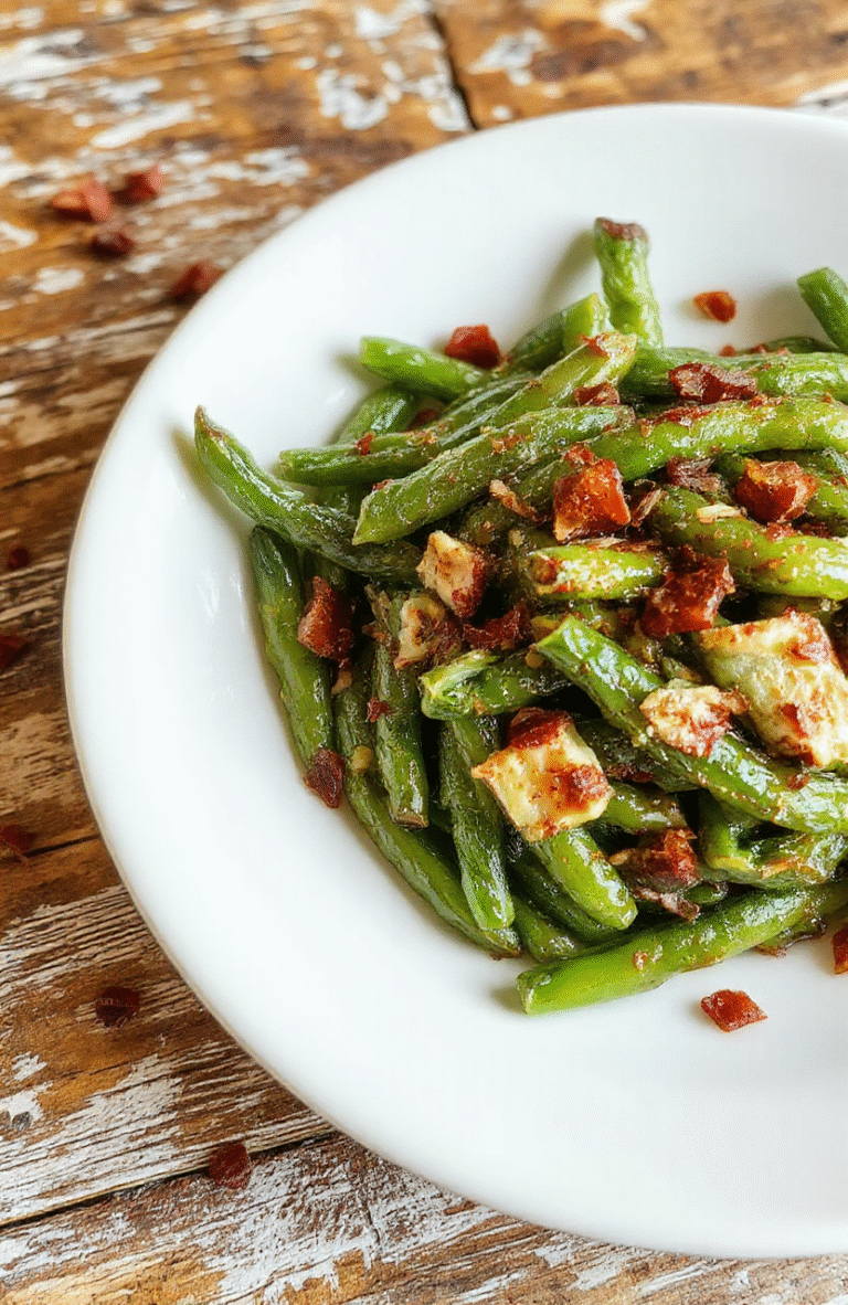 Bright green cracked green beans topped with crispy, golden-brown bacon bits and melted cheese, served on a white plate with a rustic wooden background, textured and inviting.