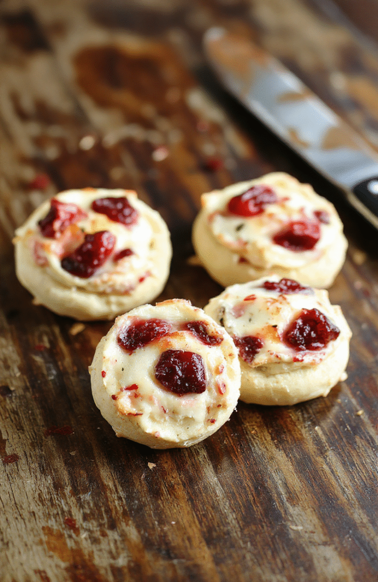 Colorful cranberry and melted brie cheese on golden pastry bites arranged on a white plate, garnished with fresh herbs, with a festive holiday background showcasing red and green accents, textured pastry surface, and glossy cranberry toppings