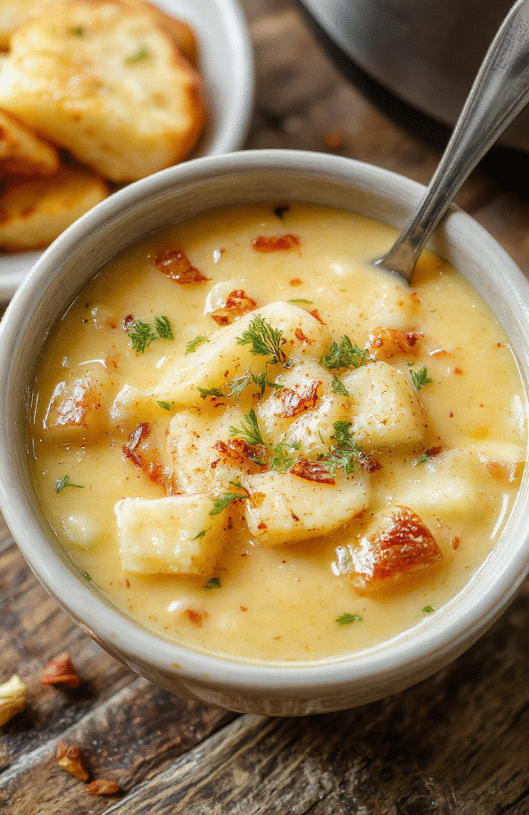 A creamy bowl of crock pot potato soup topped with green herbs and shredded cheese, served in a rustic white bowl on a wooden table, surrounded by fresh potatoes and herbs, with a cozy kitchen background, highlighting the rich textures and inviting presentation.