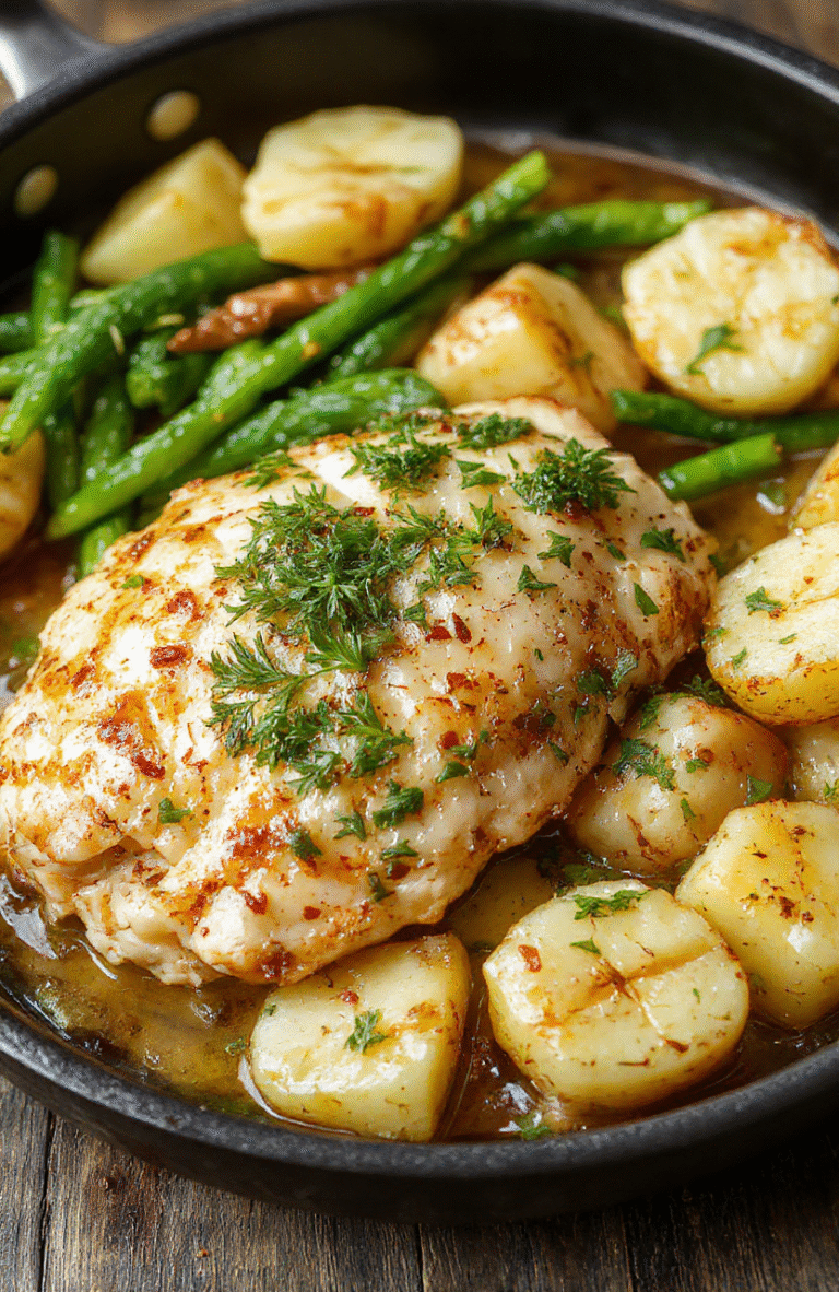 A vibrant plate featuring crispy roasted chicken breasts topped with melted parmesan and minced garlic, surrounded by golden roasted potatoes garnished with fresh herbs. The dish is beautifully plated on a rustic wooden surface with steam rising, highlighting the textures and colors of the crispy chicken skin, buttery potatoes, and parsley sprigs, styled simply for an appetizing look.