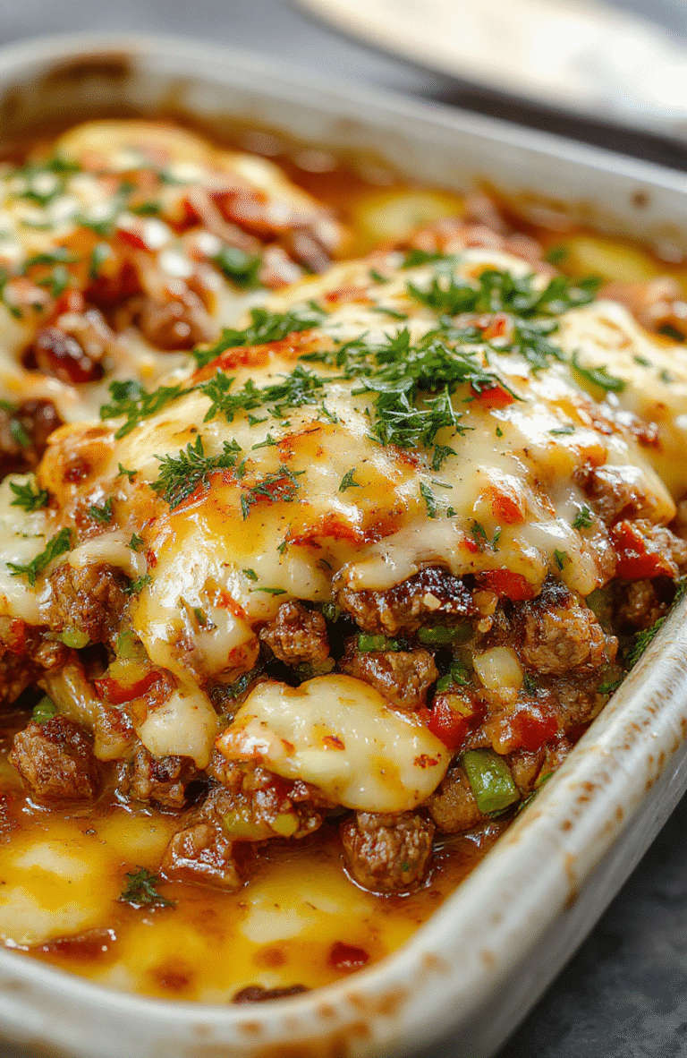 A colorful hobo casserole served in a rustic ceramic dish, topped with melted cheese and fresh herbs. The casserole features layers of seasoned ground beef, vegetables, and mashed potatoes, with a golden-brown crust. The dish is styled on a wooden table with natural lighting, emphasizing warm tones and hearty textures, inviting a comforting and satisfying meal.