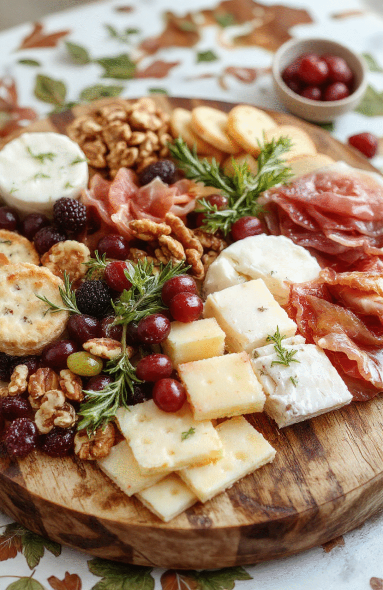 A colorful holiday charcuterie board featuring an assortment of cheeses, sliced meats, fresh fruits, nuts, and crackers artfully arranged on a rustic wooden serving platter, with seasonal garnishes like sprigs of rosemary and cranberries, styled for festive entertaining.