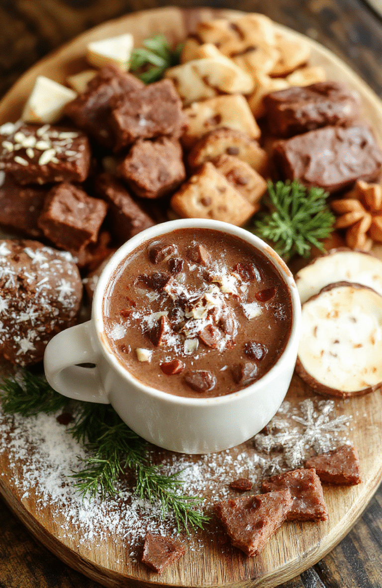A vibrant holiday hot chocolate board featuring a creamy, rich hot chocolate centerpiece surrounded by colorful marshmallows, whipped cream, candy canes, and peppermint bark slices. The board is decorated with festive sprinkles and seasonal toppings, all beautifully styled on a rustic wooden platter with holiday-themed accents.