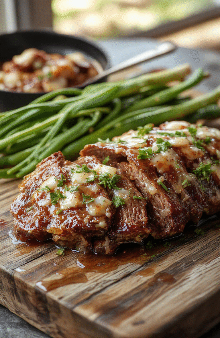 Golden-brown honey glazed beef slices arranged on a rustic wooden platter with a glossy caramelized surface, garnished with fresh herbs and seated on a neutral-toned cloth, vibrant colors and textures highlighted, inviting and savory presentation.