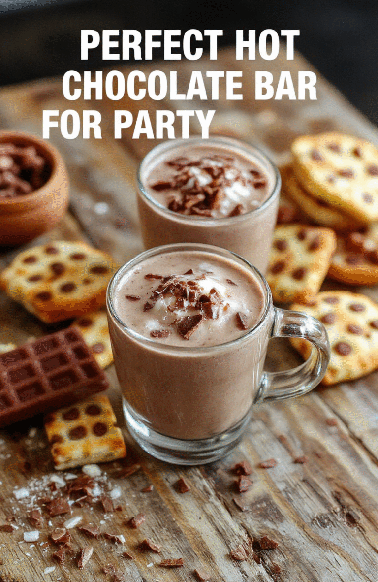 A vibrant hot chocolate bar setup featuring rich, creamy hot chocolate in clear glass mugs with marshmallows, whipped cream, peppermint sticks, and chocolate shavings on a rustic wooden table. Colorful toppings and accessories enhance the cozy, inviting presentation, styled with festive holiday decor and warm string lights.