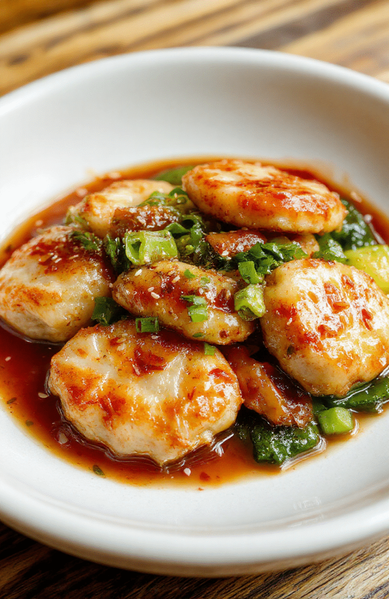 A vibrant stir fry featuring golden-brown potstickers nestled among colorful crisp vegetables, garnished with sesame seeds and chopped scallions, served on a rustic white plate with a glossy sauce drizzled over it, styled simply with a wooden table background.