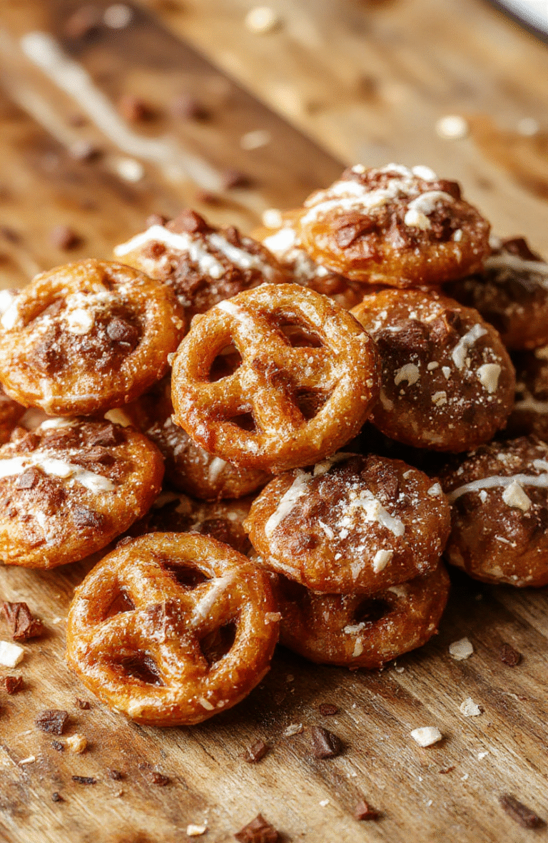 A close-up of golden-brown pretzel bites topped with melted chocolate and caramel, arranged on a rustic wooden plate, with a few bites broken open to reveal gooey caramel inside, styled with a sprinkle of sea salt and seasonal sprigs, vibrant and appetizing textures.