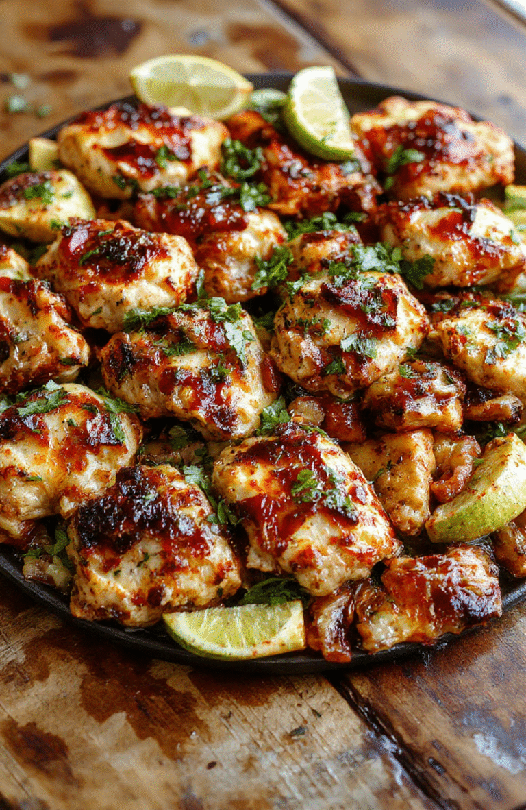 A vibrant dish of chicken fajitas on a rustic white platter with sliced red and green peppers, caramelized onions, and grilled chicken strips. The colorful ingredients are arranged neatly with a sprinkle of fresh cilantro on top, highlighting the textures and freshness, set against a wooden background for a warm, inviting presentation.