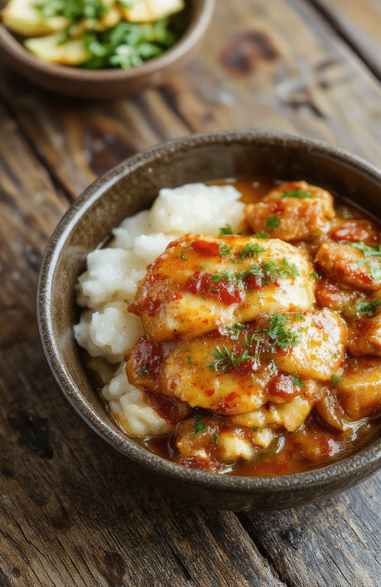 A vibrant plate featuring tender, golden-brown smothered chicken topped with creamy gravy, served alongside fluffy rice. The dish is garnished with chopped herbs and served on a rustic wooden table, exuding warmth and homestyle comfort, with a rich, savory sauce cascading over the chicken, creating an inviting and hearty presentation.