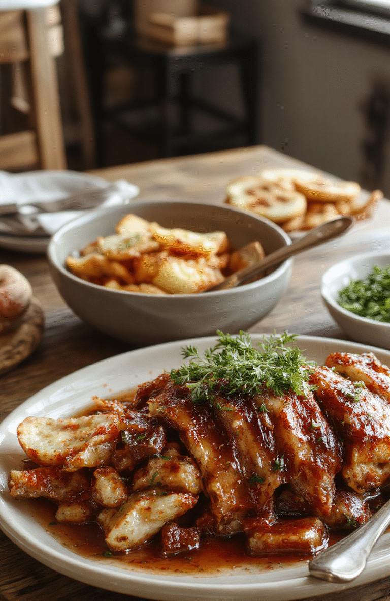 A vibrant Thanksgiving table featuring classic Southern dishes arranged beautifully on a rustic wooden table. The colorful spread includes golden roasted turkey, creamy mashed potatoes, sweet candied yams, and dense cornbread muffins. Decorative fall accents such as pumpkins, leaves, and candles add warm ambiance. The presentation emphasizes hearty textures and inviting flavors, styled for a cozy holiday ambiance.