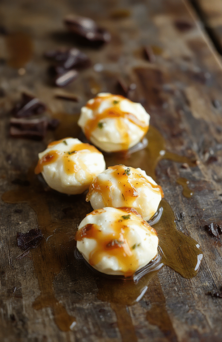 A close-up of elegant goat cheese honey bites arranged on a white ceramic plate, garnished with fresh thyme and drizzled with honey. The bites showcase creamy goat cheese topped with golden honey, set against a rustic wooden background with scattered nuts and herbs for a natural, inviting look.