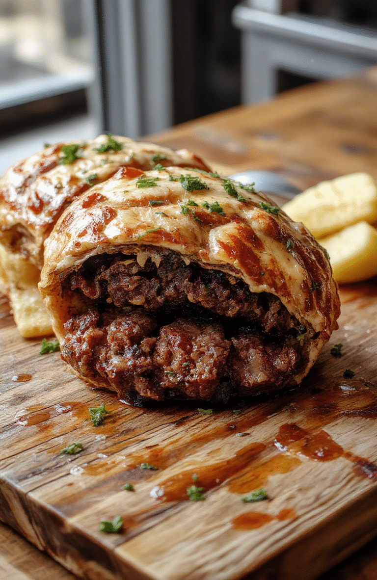 A beautifully plated Beef Wellington showcasing golden, flaky pastry layered over tender beef and mushroom duxelles, garnished with fresh herbs, styled on a rustic wooden board, vibrant colors, textured crust, inviting presentation.
