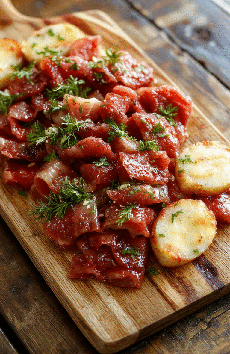 An elegant platter showcasing colorful meat flowers artfully arranged with fresh herbs and edible decorations on a rustic wooden board, vibrant reds and greens contrasting with natural light, textures of sliced cured meats and delicate flower shapes.