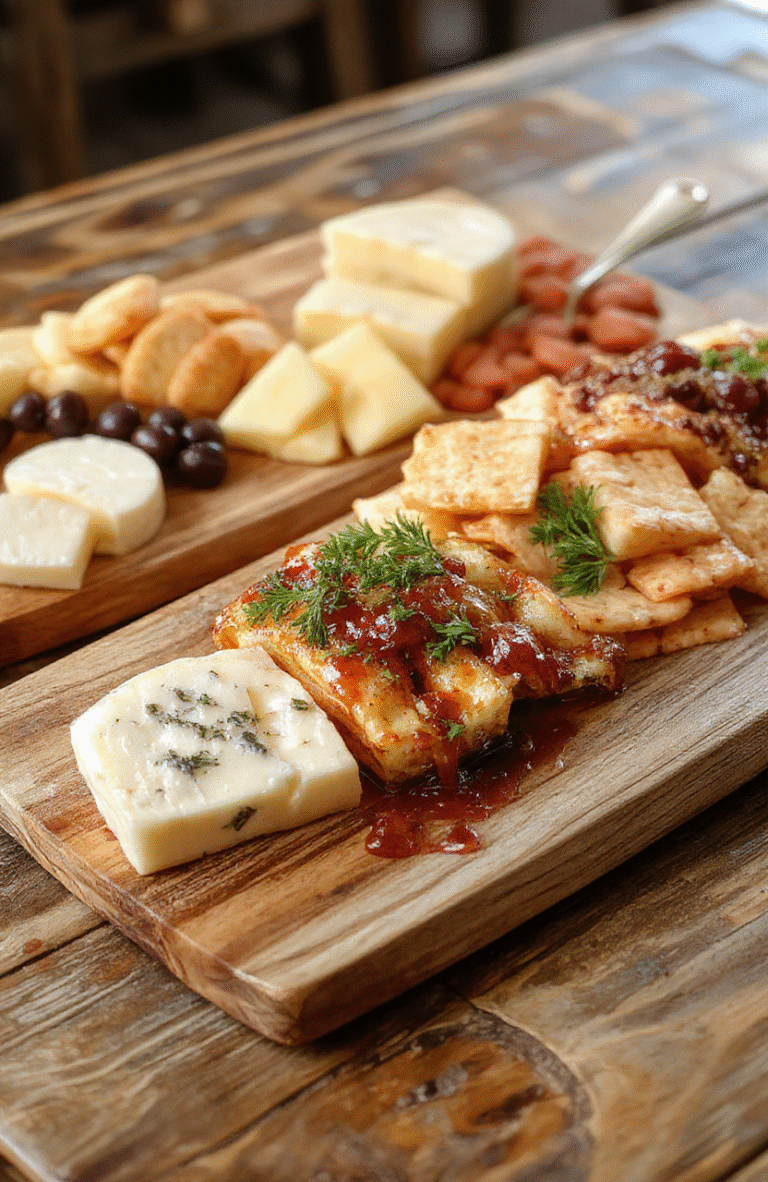 A beautifully arranged cheese board featuring an assortment of cheeses, fresh grapes, nuts, dried fruits, crackers, and rustic bread slices. The board is styled with wooden serving trays, vibrant colors from the fruits, and a mix of textures from creamy cheeses to crunchy crackers. Soft natural light highlights the elegant presentation, perfect for a sophisticated gathering.