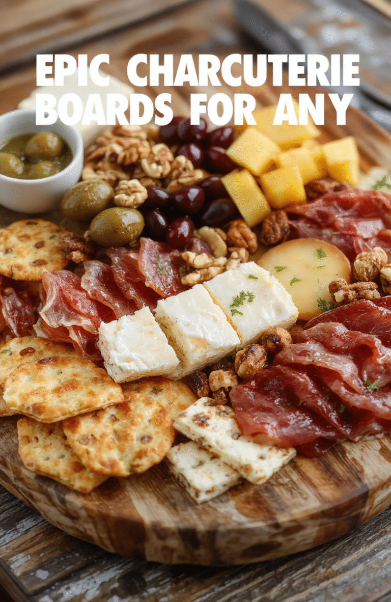 A large, colorful charcuterie board featuring an assortment of cured meats, assorted cheeses, fresh fruits, nuts, olives, and artisan crackers, beautifully arranged on a rustic wooden platter with a variety of textures and vibrant colors, styled for an elegant party presentation.