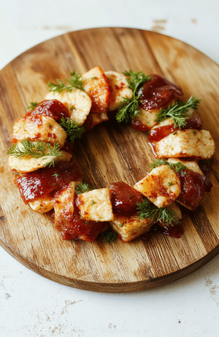A vibrant holiday charcuterie wreath arranged on a white platter. The wreath is decorated with assorted cheeses, cured meats, fresh herbs, pomegranate seeds, nuts, and dried fruits, all colorful and textured. The presentation is elegant and festive with a natural, rustic style, perfect for holiday gatherings. The background is blurred with warm holiday lights, emphasizing the detailed, appetizing display.