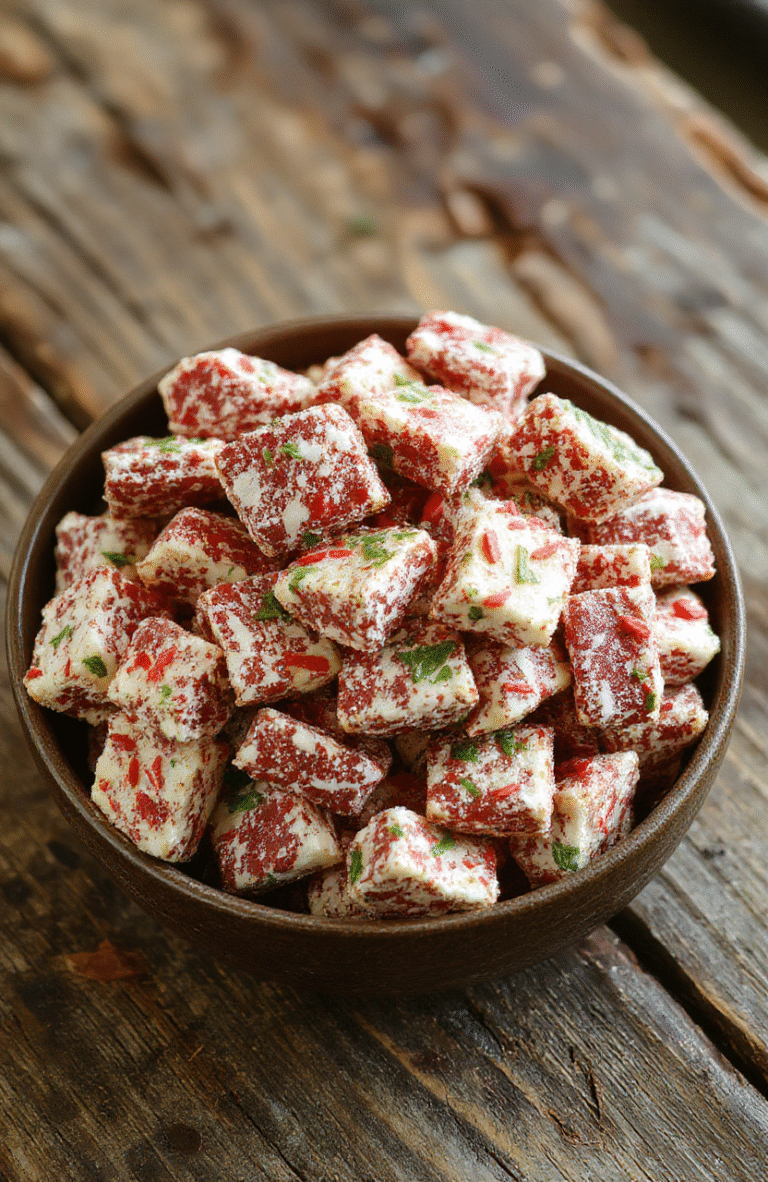 A colorful bowl of Christmas Puppy Chow covered in red and green pastel coating, surrounded by holiday-themed decorations, with a sprinkle of powdered sugar and festive sprinkles. The treats are in a rustic wooden bowl, showcasing their crunchy texture and vibrant holiday colors, styled with a cozy holiday background.