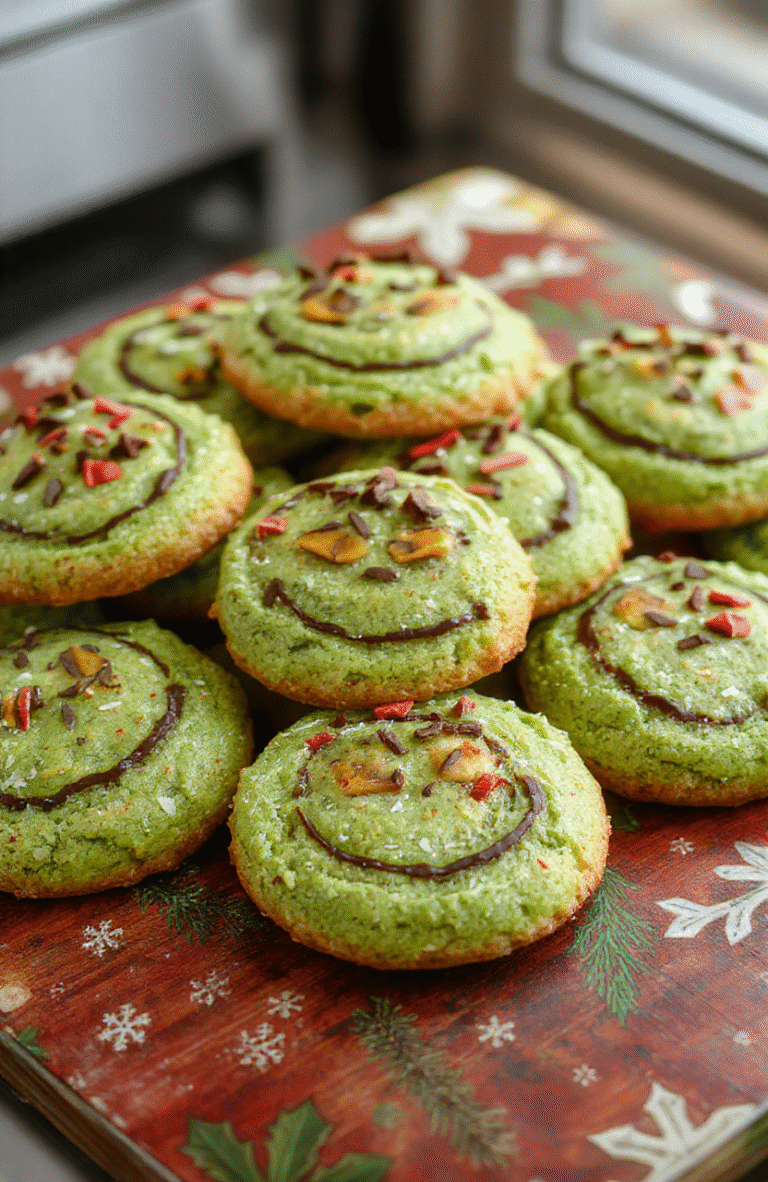 Colorful festive Grinch cookies arranged on a Christmas-themed platter, showcasing green and red icing, cute Grinch faces, and holiday sprinkles, styled with a holiday table setting, with soft natural daylight highlighting the vibrant colors and textures.