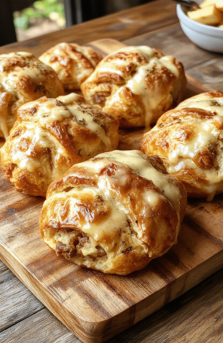 Golden-brown flaky croissants filled with melted cheese and seasoned beef, arranged on a rustic wooden platter with a few fresh herbs for garnish, showing their layered, crispy texture and gooey cheese spilling out from the flaky pastry