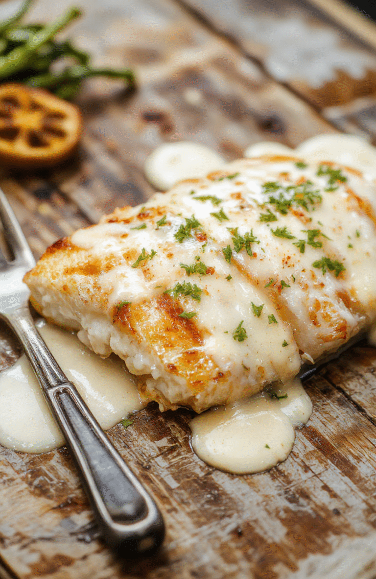 A golden-baked cod fillet topped with a vibrant lemon coconut cream sauce, garnished with fresh herbs, served on a white plate with a textured napkin backdrop, emphasizing flaky textures and smooth sauce with a splash of lemon zest.