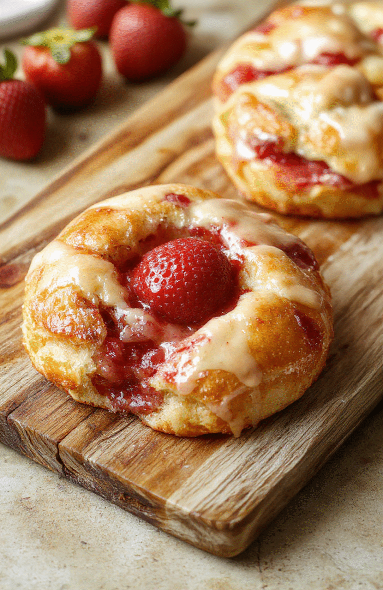A beautifully plated flaky strawberry Danish pastry with a golden-brown crust, topped with fresh sliced strawberries and a dusting of powdered sugar. The pastry is sliced open revealing a creamy cream cheese filling, with vibrant red strawberries contrasting against the flaky layers. Styled on a rustic wooden board with a soft background, the image highlights the texture and bright colors of the fresh fruit and flaky crust.