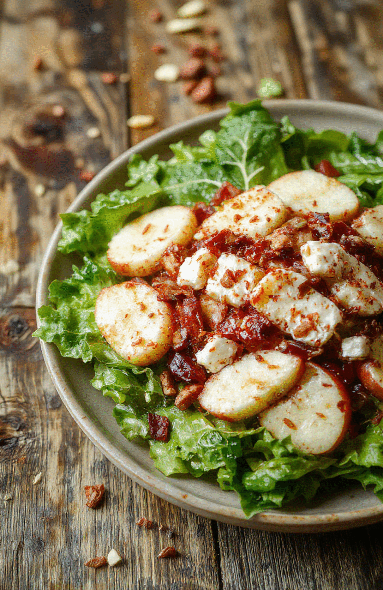 A vibrant plate of apple feta salad featuring crisp apple slices, crumbled feta cheese, mixed greens, and a drizzle of balsamic glaze on a rustic wooden table, capturing textures of fresh ingredients with bright fall colors.