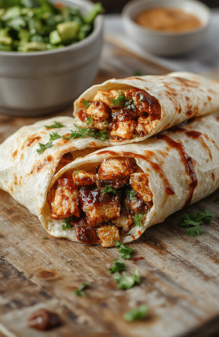 A vibrant plate featuring crispy BBQ chicken wraps, garnished with fresh greens and a drizzle of sauce, with colorful ingredients like corn, bell peppers, and shredded cheese visible, styled casually on a wooden table with natural light highlighting textures and colors.