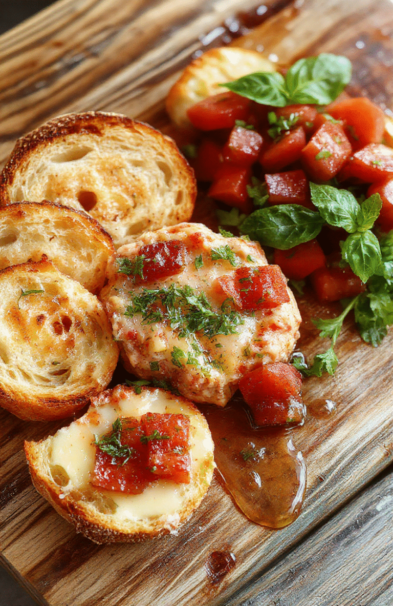 A vibrant bowl of bruschetta dip with chopped tomatoes, fresh basil, and garlic drizzled with olive oil, garnished with grated cheese on a rustic wooden table, colorful and inviting presentation