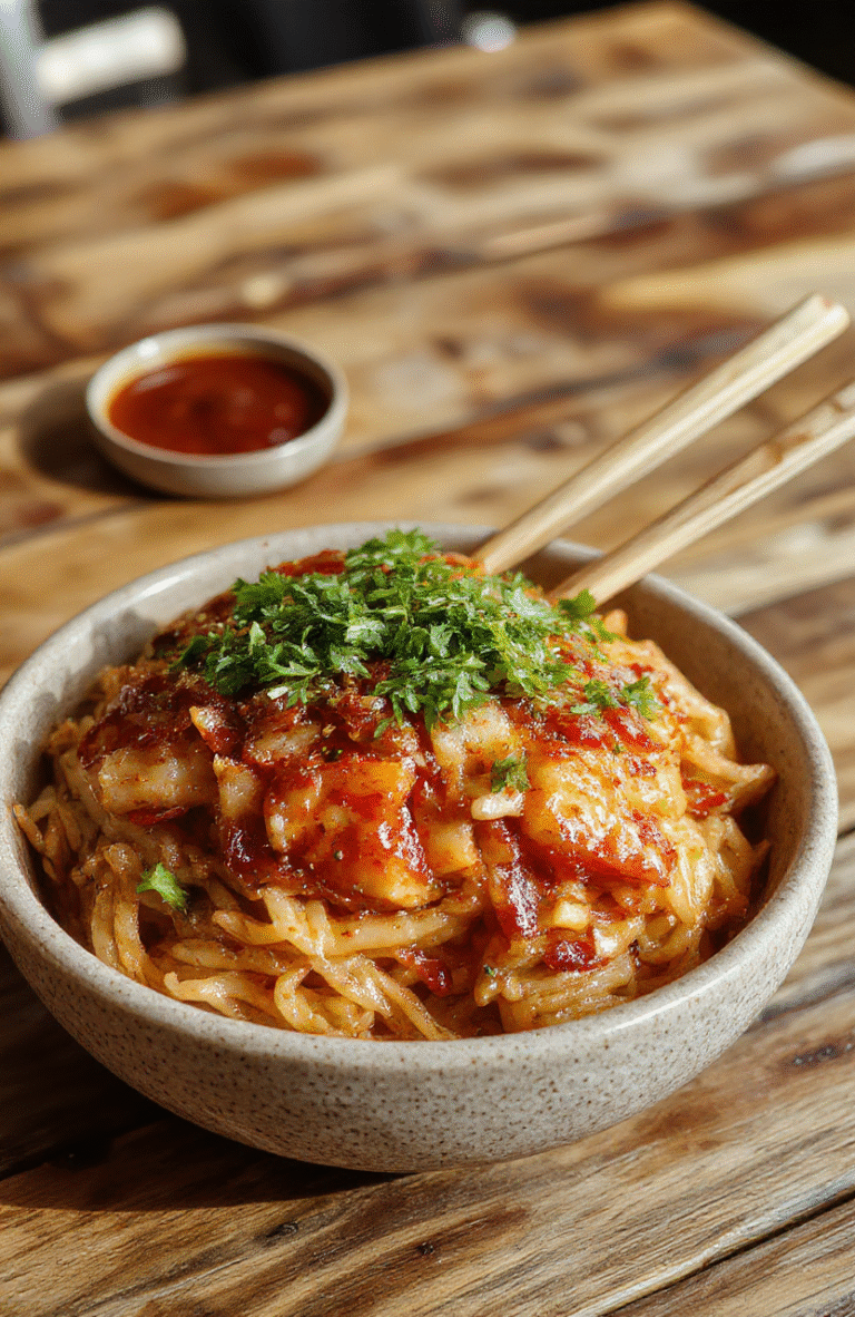 A vibrant plate of japchae noodles with colorful sliced bell peppers, julienned carrots, green onions, and sliced beef, arranged beautifully on a white ceramic plate accented with sesame seeds, set on a rustic wooden table with a soft natural light illuminating the dish, capturing its glossy texture and fresh ingredients