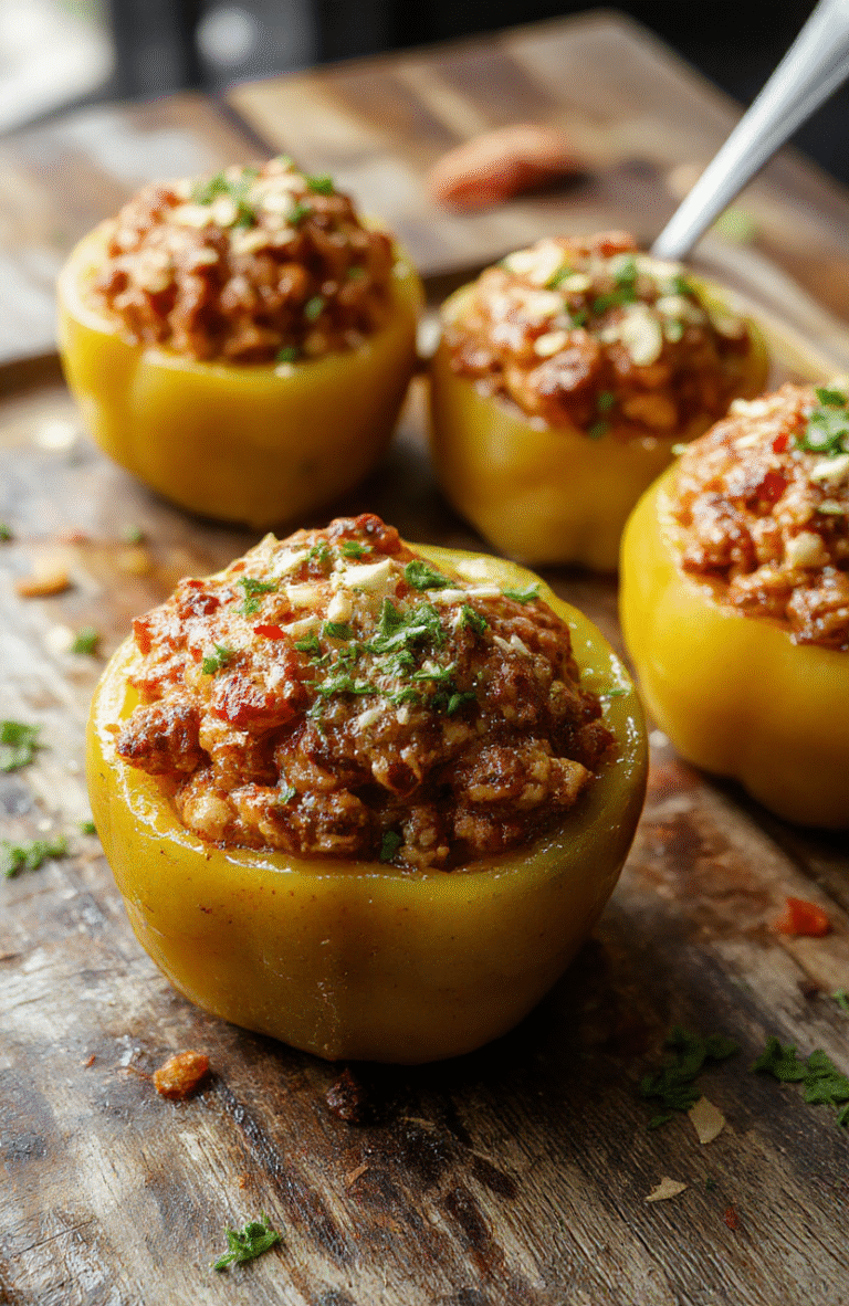 Colorful stuffed bell peppers arranged on a rustic wooden table, filled with a savory mixture of rice, vegetables, and melted cheese, topped with fresh herbs and vibrant red and yellow bell pepper shells, showcasing textures from cheesy gooeyness to crunchy edges.