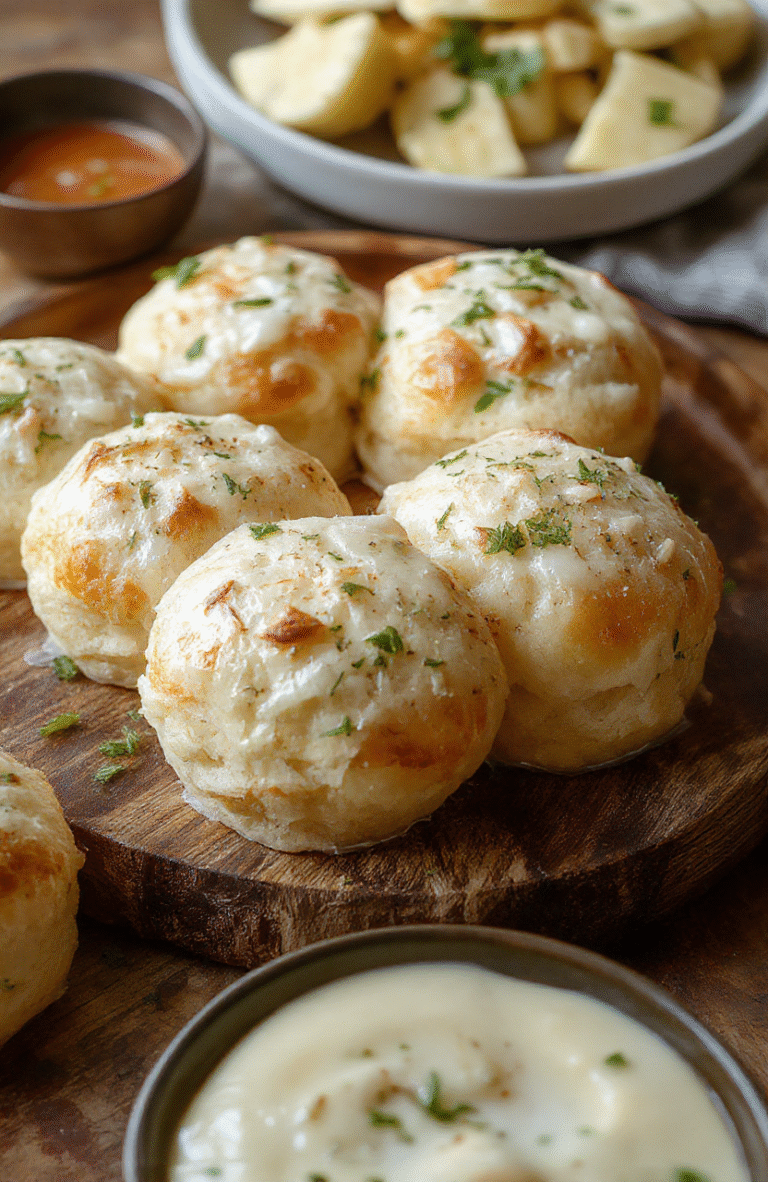Golden fluffy garlic rolls arranged on a rustic wooden platter with visible garlic butter glaze, fresh parsley garnish, soft texture, warm colors, inviting presentation, styled simply for a cozy, homely feel