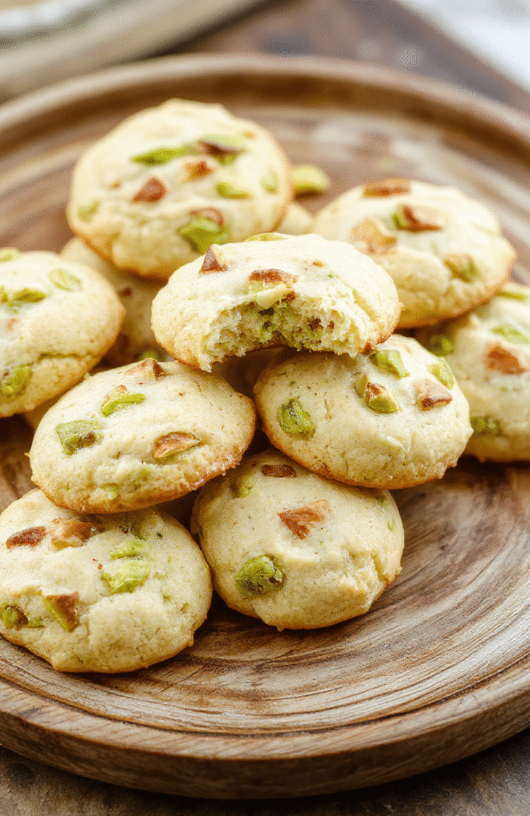 A stack of fluffy pistachio cookies with a light green hue, arranged on a rustic wooden plate with sprinkled crushed pistachios around, soft natural light highlighting their soft texture and delicate crumb, with a subtle spring floral background and a few whole pistachios for decoration, styled simply for an inviting and fresh appearance.