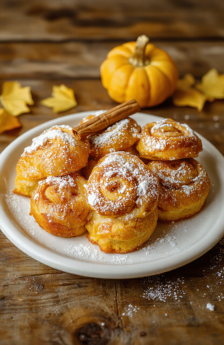 A close-up shot of fluffy pumpkin rolls with a golden-brown crust, arranged on a rustic white plate. The rolls are topped with a light dusting of powdered sugar and garnished with a cinnamon stick and small pumpkin decoration. The background features a cozy wooden table with warm autumn hues in the lighting, highlighting the soft, airy texture of the rolls and the rich pumpkin color inside.