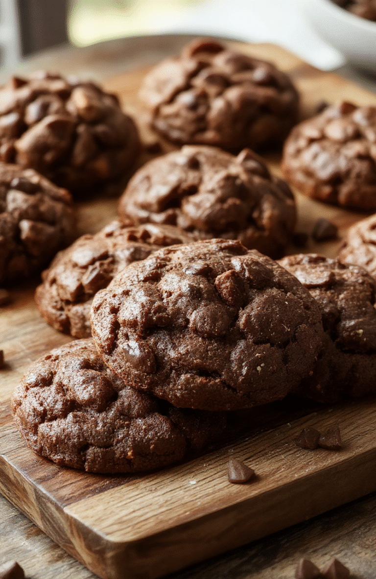 A plate of rich, fudgy brownie cookies with a glossy surface, slightly cracked tops, and a dense interior visible through a bite. The cookies are arranged on a rustic wooden board, with a few scattered chocolate chips and a dusting of powdered sugar. The background features a warm, cozy atmosphere perfect for dessert cravings.