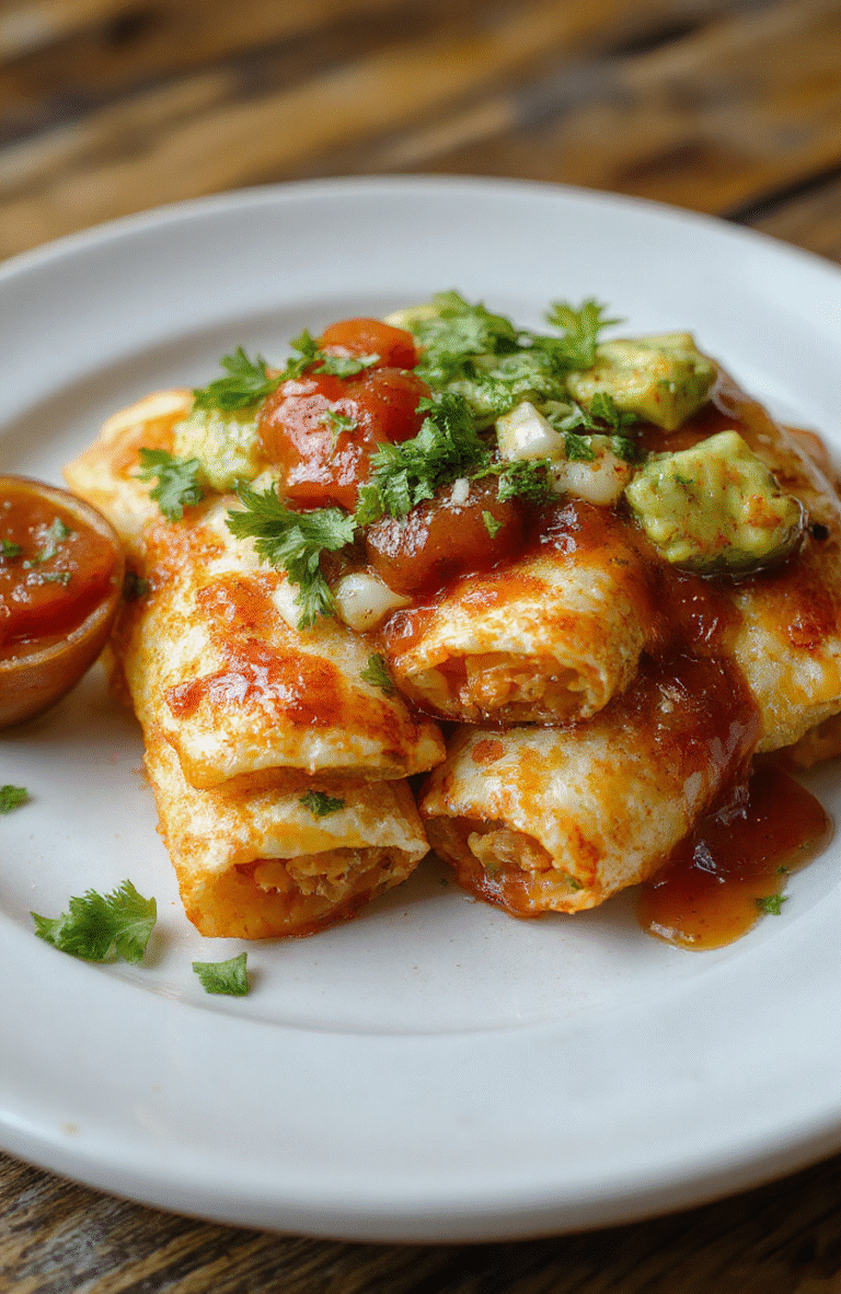Golden crispy taquitos arranged on a rustic white plate with vibrant sides of fresh salsa, guacamole, and shredded cheese, garnished with cilantro. The taquitos have a crunchy, golden-brown exterior with visible crispy textures, contrasting with the soft fillings inside. The plate is styled simply to highlight the texture and color of the dish, with a neutral background and natural lighting emphasizing the appetizing appeal.