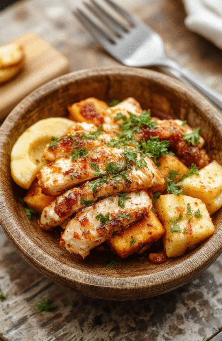 Colorful chicken and sweet potato bowl arranged on a rustic wooden plate, featuring roasted sweet potatoes, grilled chicken slices, vibrant greens, and a drizzle of sauce, with a modern, clean background that highlights the textures and fresh ingredients with inviting lighting.