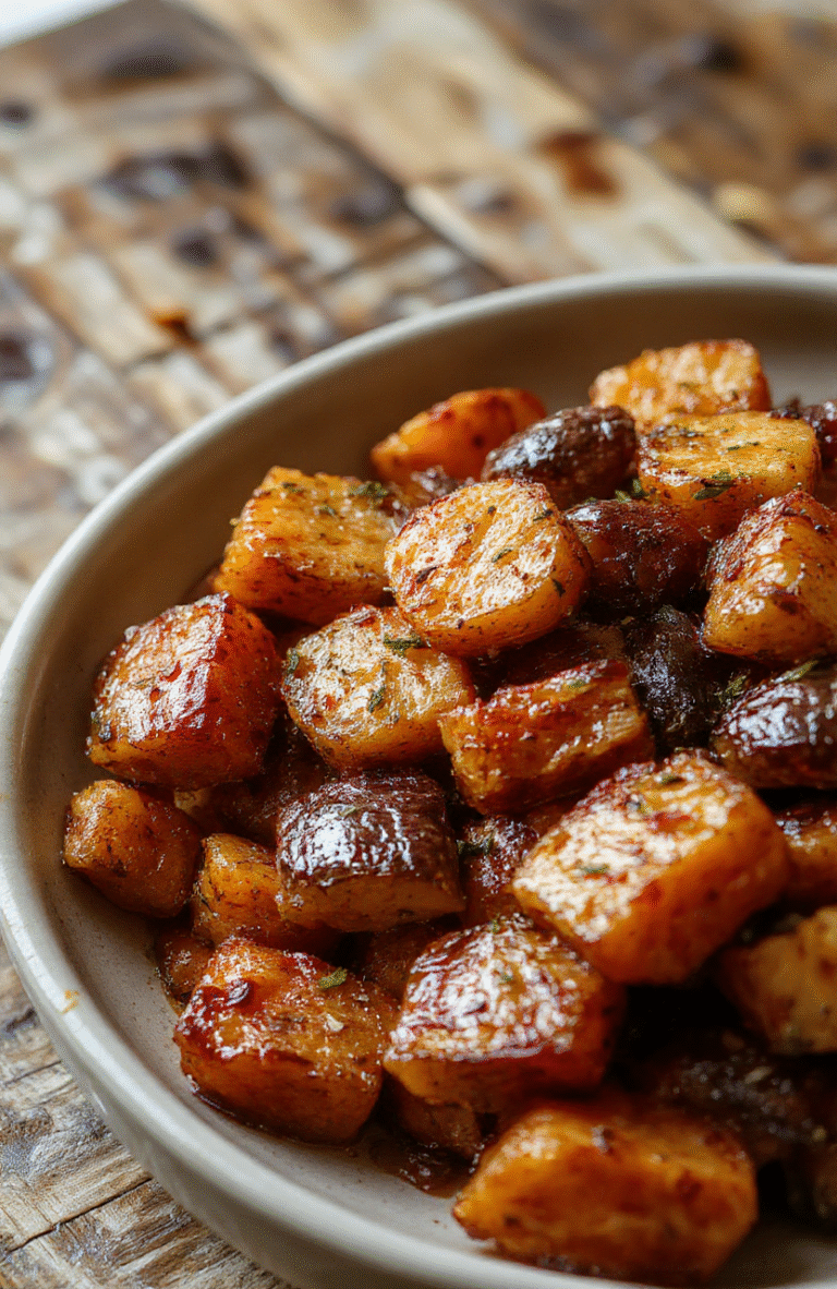 A vibrant plate of roasted sweet potatoes and carrots with caramelized edges, garnished with fresh herbs, arranged neatly on a rustic wooden surface, showcasing the colorful textures and crispy edges of the roasted vegetables.