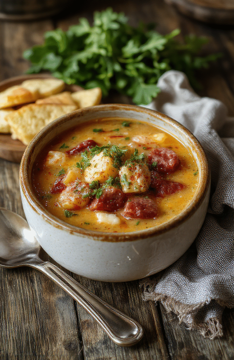 A vibrant bowl of hearty kielbasa soup featuring sliced sausages, colorful vegetables, and a rich broth, plated on a rustic wooden table with fresh herbs garnish, showcasing textures of tender meats and crisp vegetables, styled casually with a cozy, inviting atmosphere.