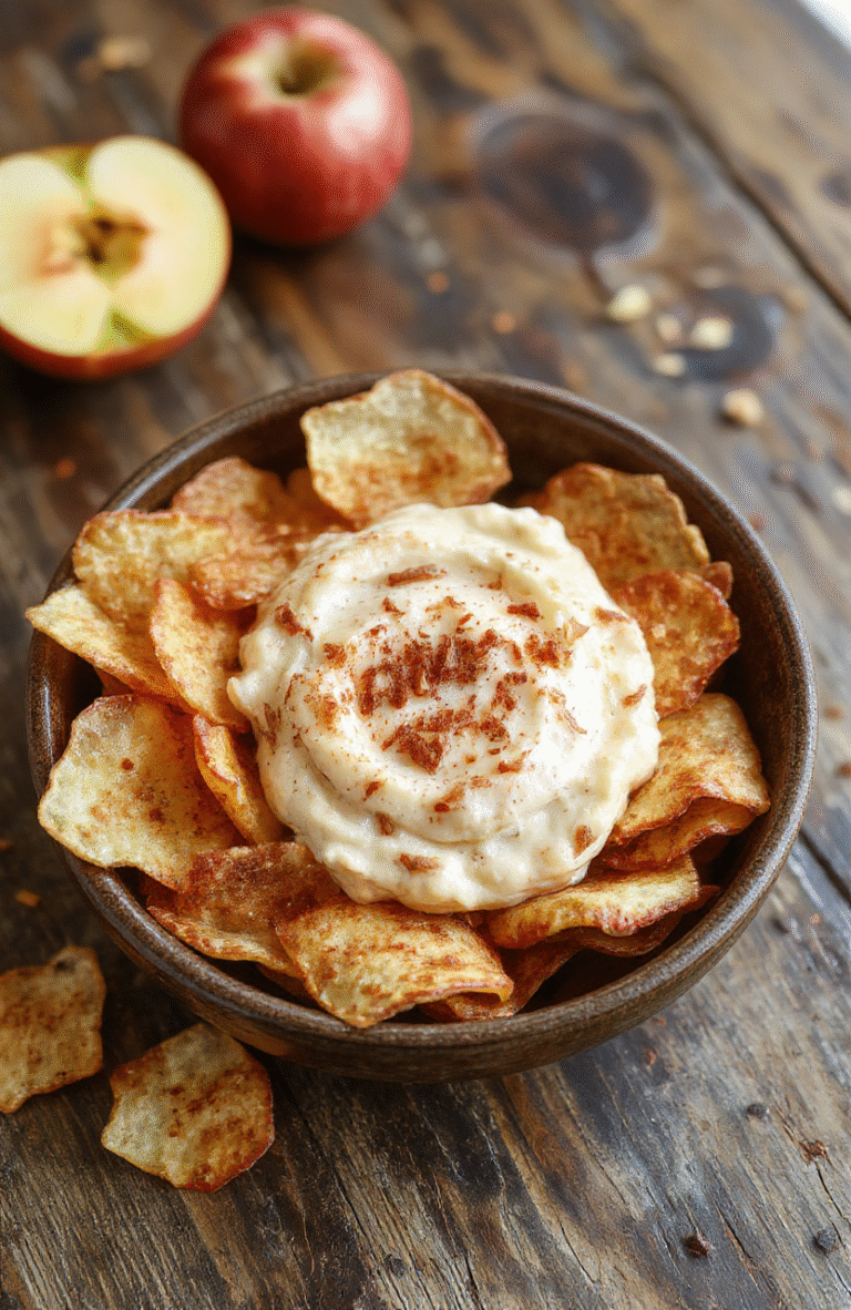A vibrant white bowl filled with creamy apple dip topped with a sprinkle of cinnamon, surrounded by crispy cinnamon chips on a rustic wooden platter. The scene captures warm autumn tones, with the dip and chips styled attractively, showcasing textures of smooth dip and crunchy chips, appealing for a cozy dessert.