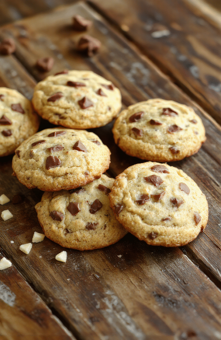 A close-up of golden-brown cowboy cookies stacked on a rustic wooden table, with chocolate chips and chopped nuts visible, styled with a glass of milk in the background and soft natural lighting highlighting their crispy edges and chewy centers.