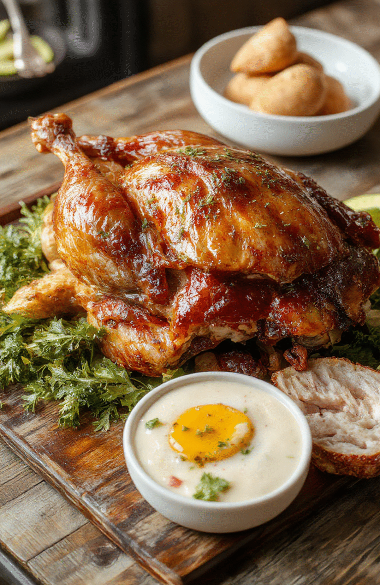 A golden-brown, perfectly roasted turkey resting on a platter garnished with fresh herbs and lemon slices. The crispy skin glistens under soft natural light, with steaming slices revealing tender, juicy meat. The presentation is elegant yet inviting, perfect for a festive holiday table setting with subtle background accents of greenery and warm ambient lighting.