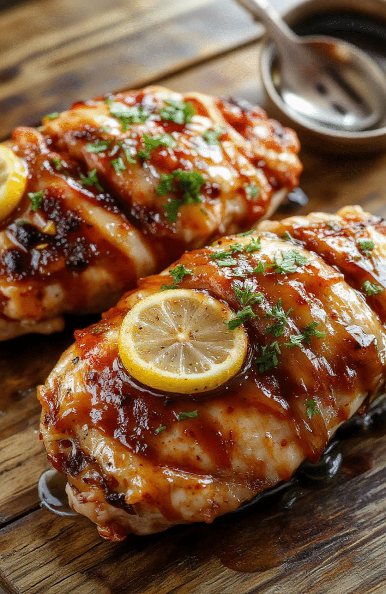 A beautifully plated lemon honey glazed chicken breast sits atop a rustic wooden table. The chicken is golden-brown with a glossy glaze, garnished with fresh lemon slices and sprigs of thyme. The vibrant yellow from the lemon contrasts with the rich honey caramelization, creating an appetizing and colorful presentation. Soft natural light highlights the textures and glossy finish, styled casually for a homely yet elegant look.