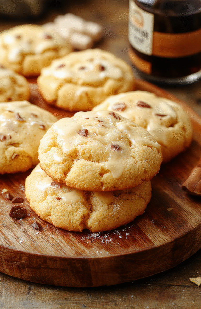 A close-up of buttery, golden-brown no-bake Butterbeer Cookies arranged on a rustic wooden platter, topped with a light dusting of powdered sugar and drizzled caramel, with a cozy autumn background highlighting warm tones and soft natural lighting.