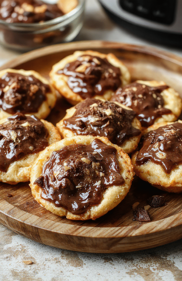 Golden-brown Nutella toast pies with a crispy crust, drizzled with extra Nutella and powdered sugar, arranged on a rustic wooden plate with a soft focus background, highlighting the creamy filling and flaky texture.