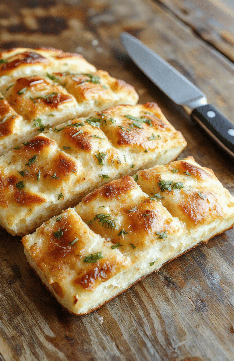 A golden-brown, crusty garlic focaccia bread topped with fresh herbs and olive oil, sliced to reveal a soft, airy interior with visible garlic pieces, served on a rustic wooden board with a drizzle of olive oil and a sprinkle of herbs, styled simply for a cozy presentation.