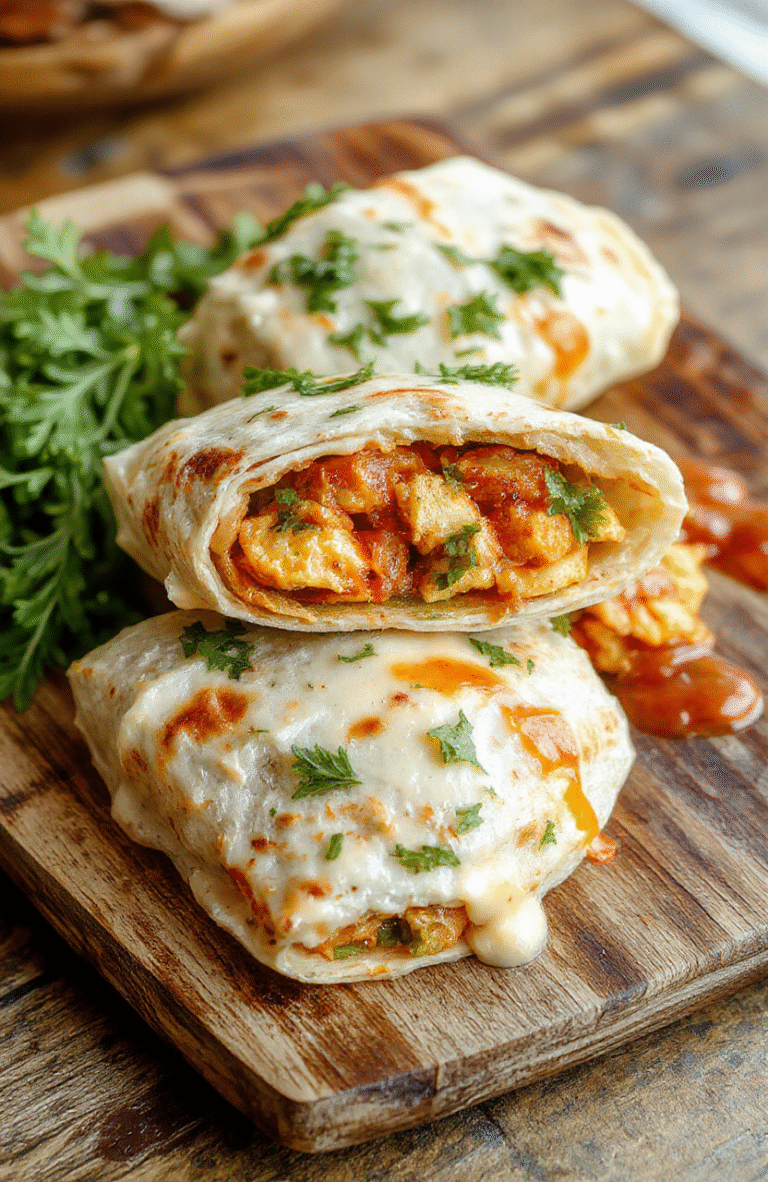 Colorful close-up of a crispy chicken wrap drizzled with glossy sweet chili sauce, topped with fresh cilantro, served on a rustic wooden plate with fresh ingredients around.