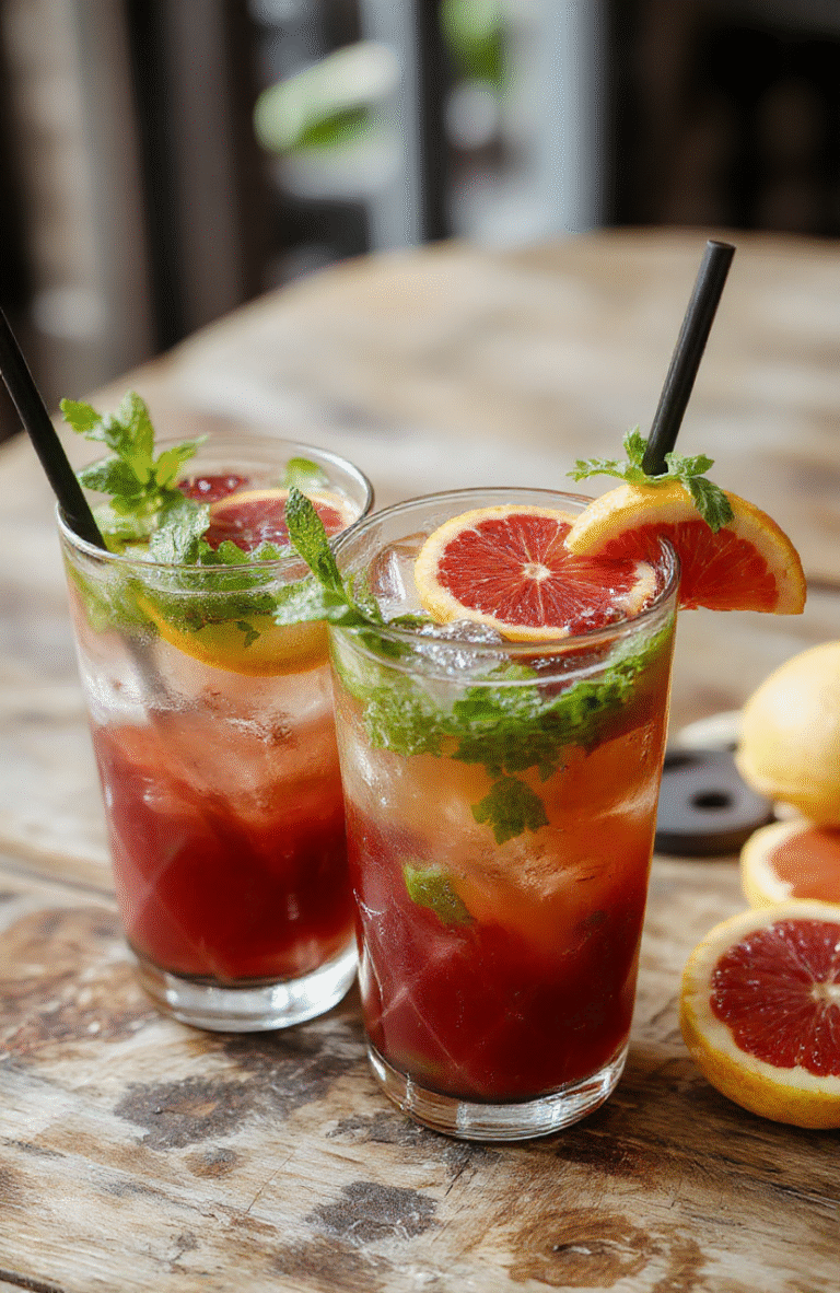 A tall glass filled with vibrant orange-red mojito, garnished with fresh mint leaves, a slice of blood orange, and a straw, set on a light wooden table with a blurred background of party ambiance